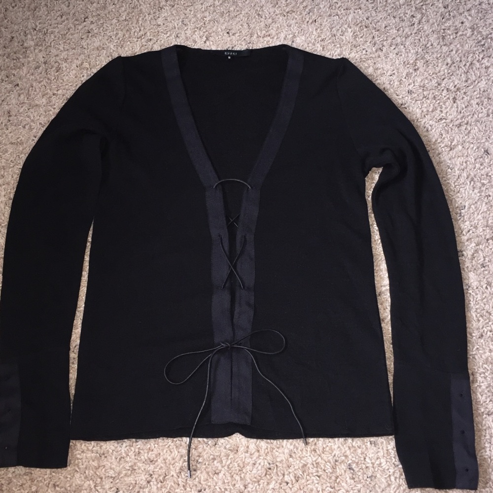 HOLD! GUCCI Long Sleeve Small Black Lace Up Shirt